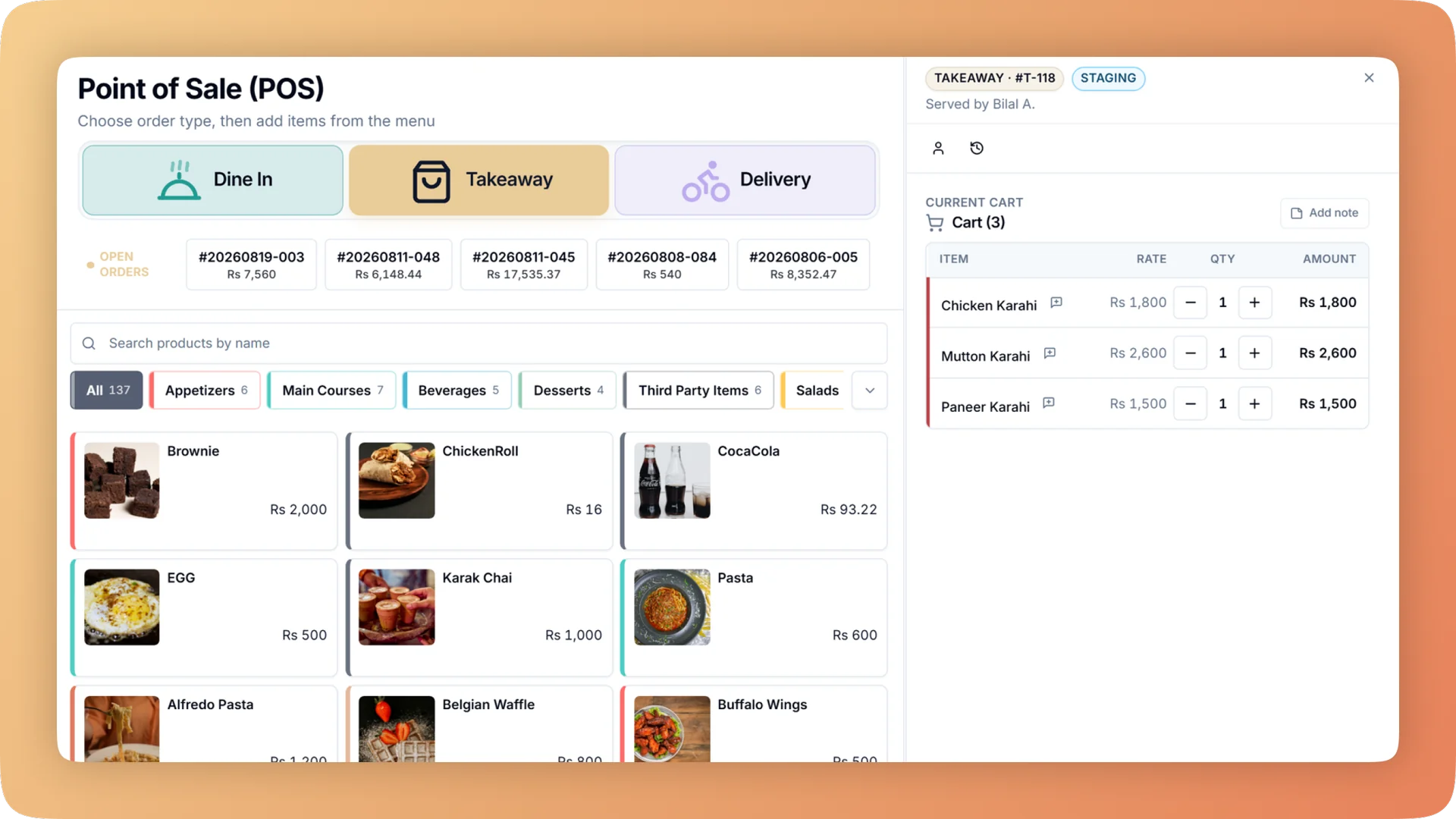Point of sale with a takeaway order staged in the cart, each line showing rate, quantity and amount