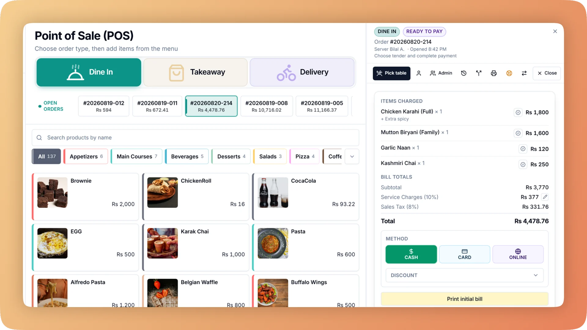 Point of sale checkout with an itemised bill, service charge and sales tax, and cash, card or online payment options