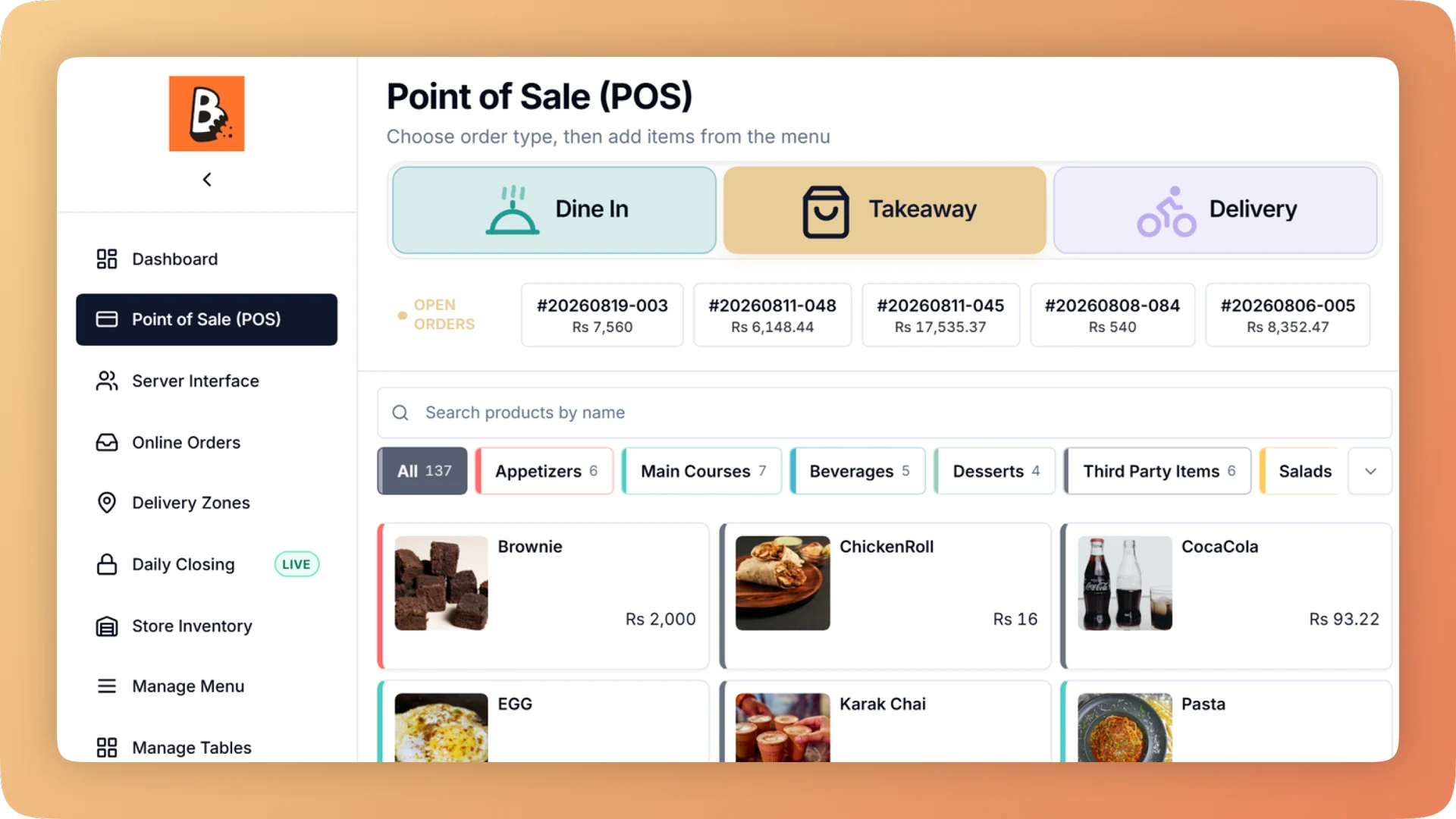 Point of sale menu with dine-in, takeaway and delivery order types and dishes grouped by category