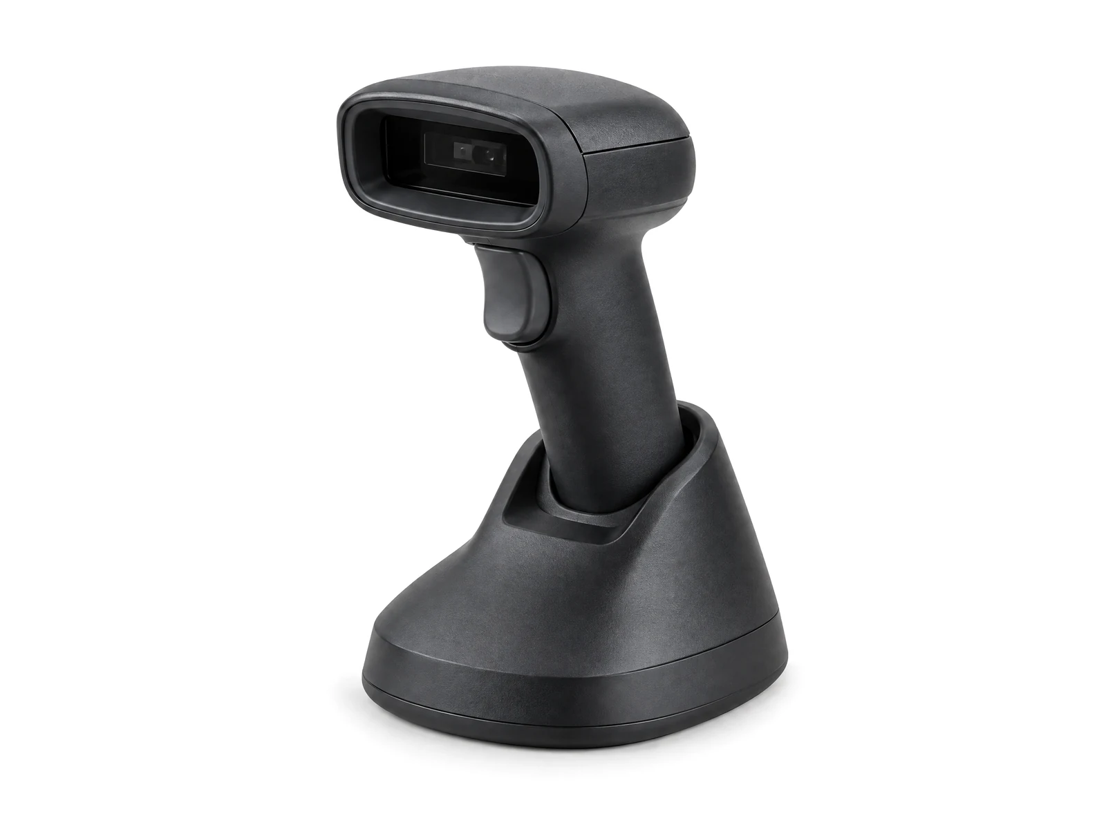 A handheld barcode scanner resting in its desktop stand