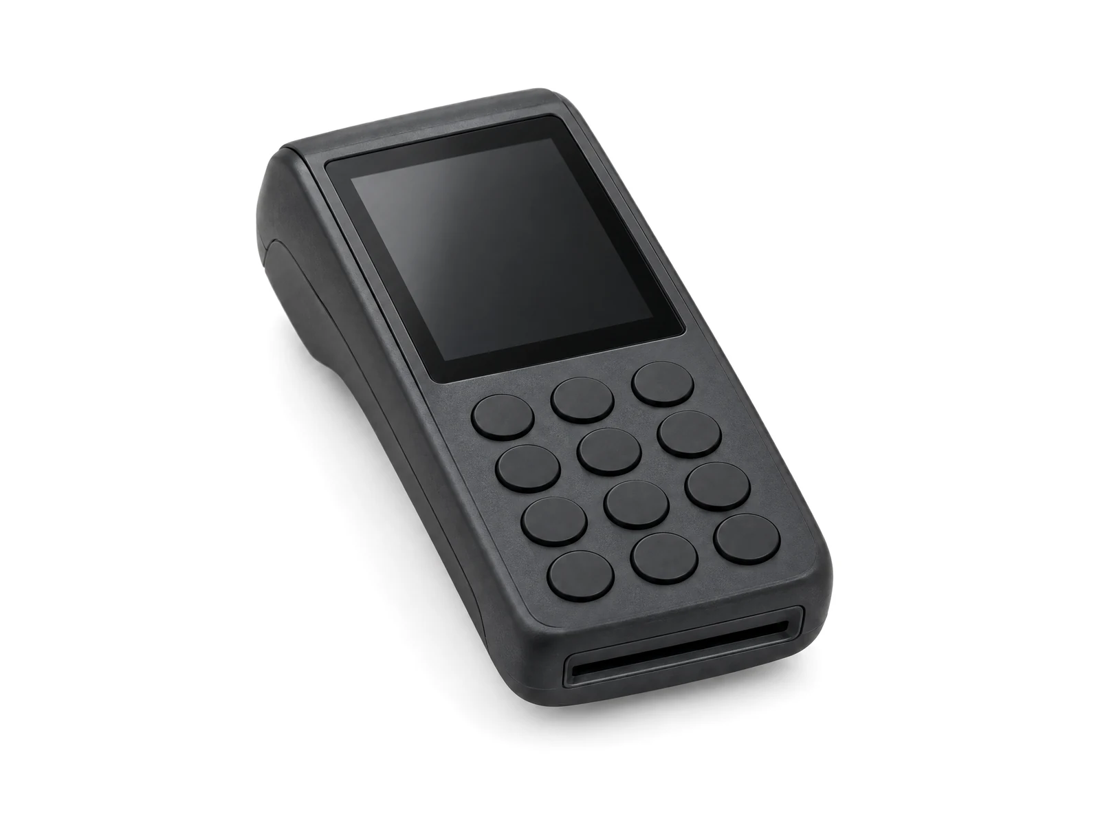 A handheld card payment terminal with a screen and keypad
