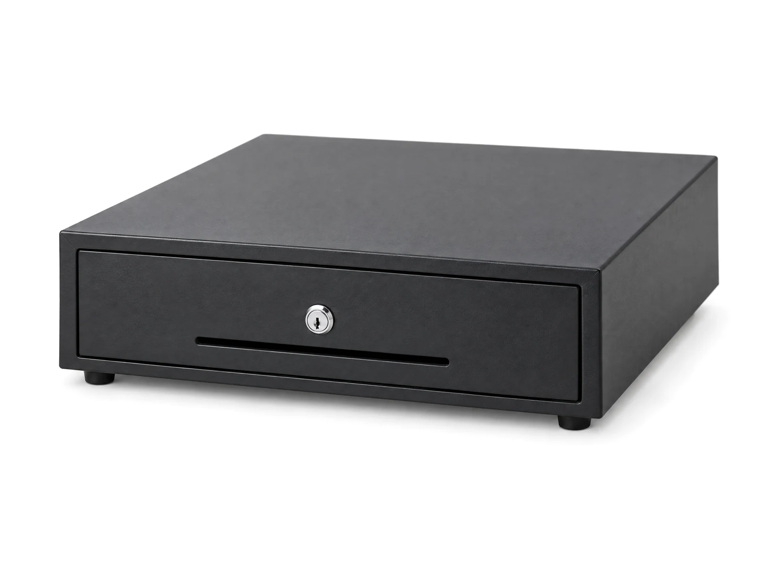 A closed steel cash drawer with a key lock on the front