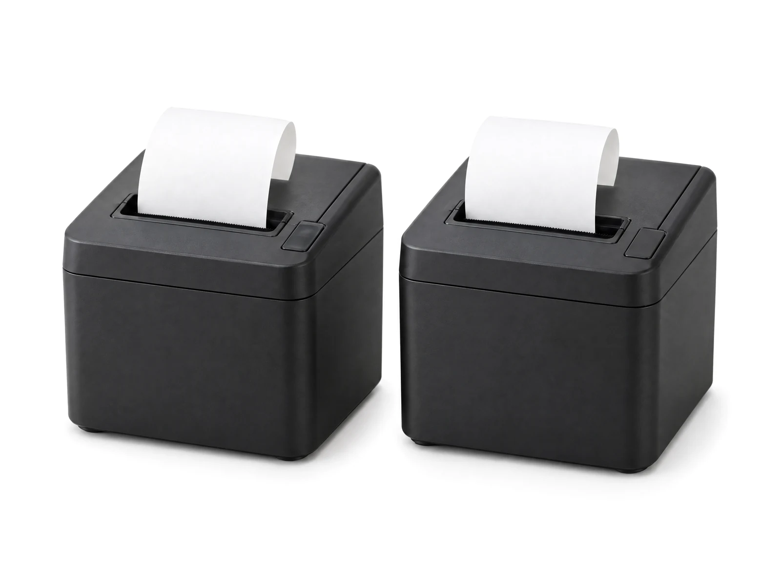 Two compact thermal printers side by side, each with paper feeding from the top